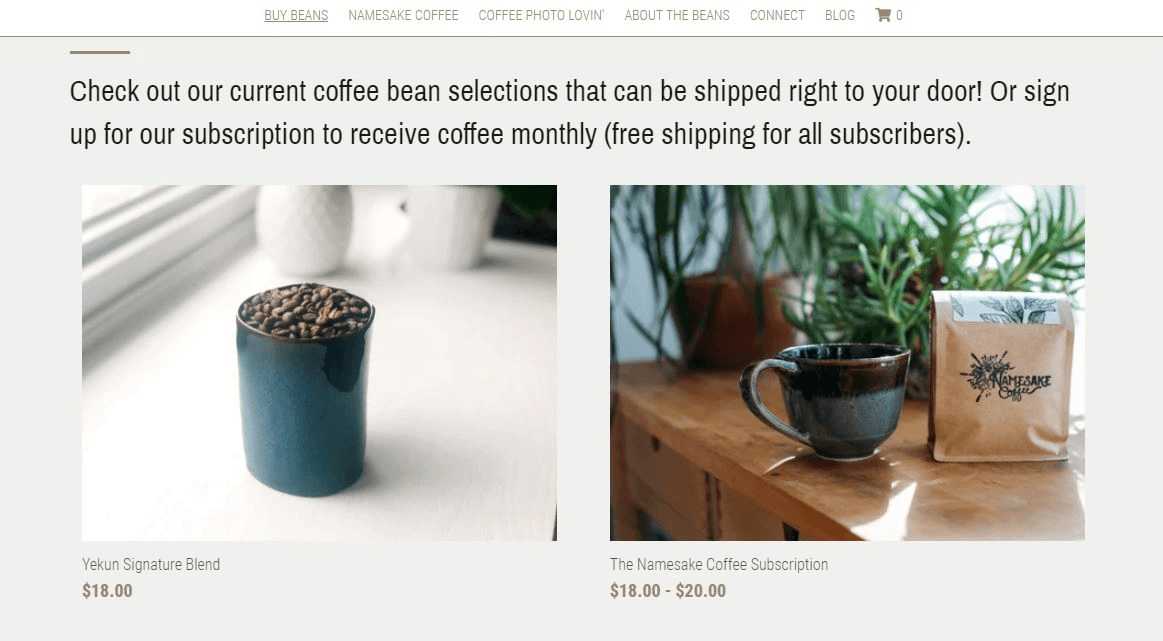 null Namesake coffee website